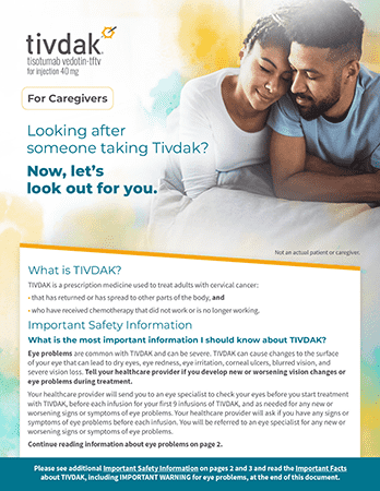 Image sample from the first page of the Tivdak Caregiver Brochure